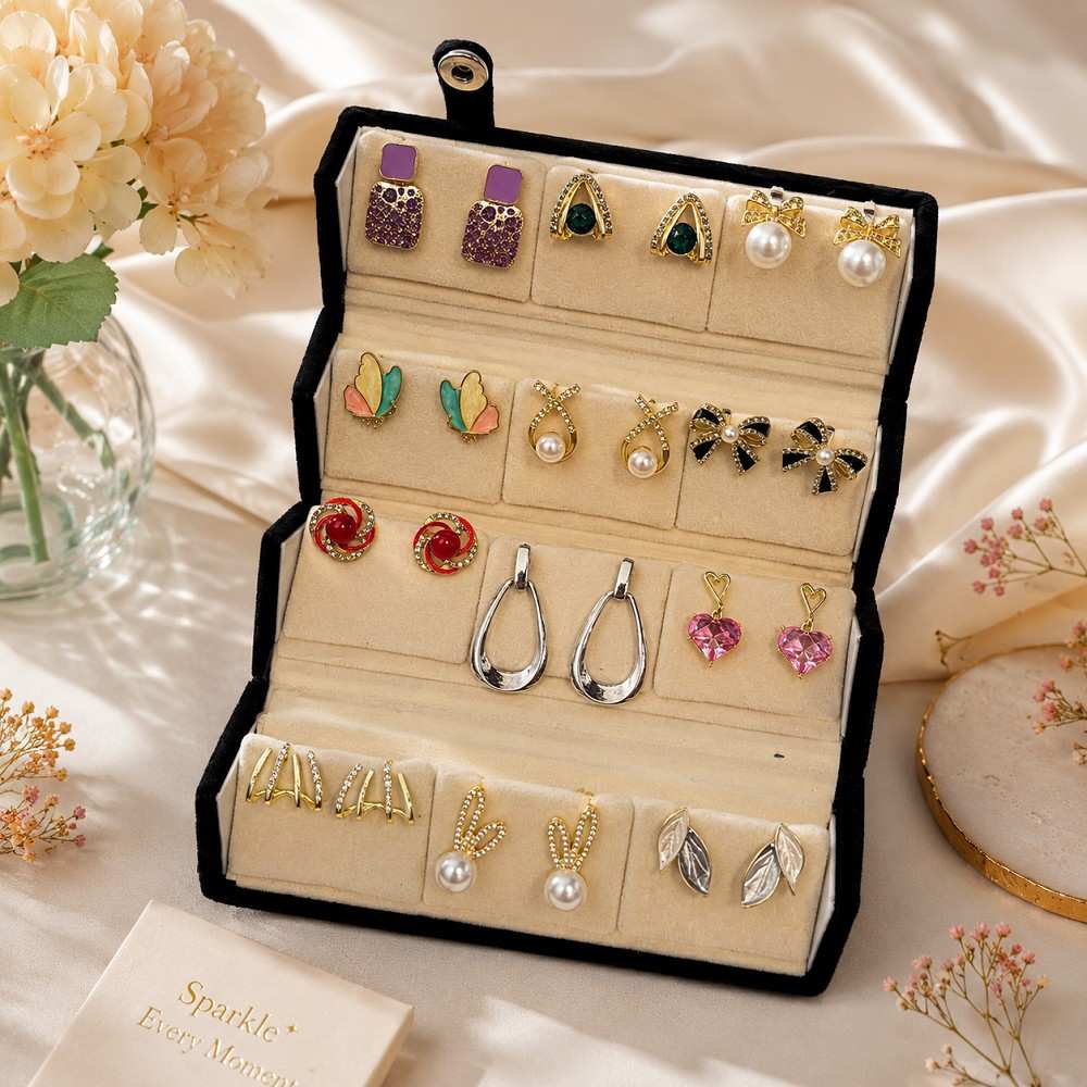 Korean Jewellery Combo Set of 12 Pair Earring With Folding Jewelry Box