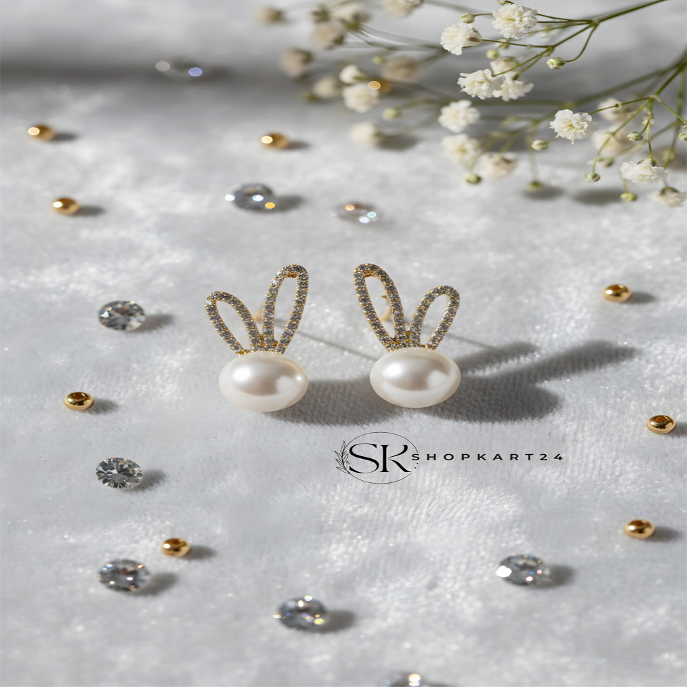 Korean Pearl Bunny Stud Earrings for Women