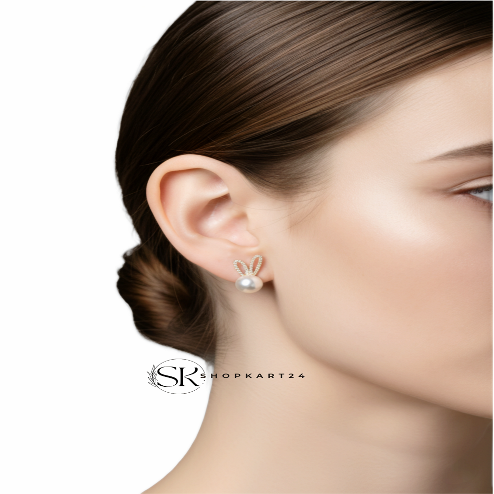 Korean Pearl Bunny Stud Earrings for Women