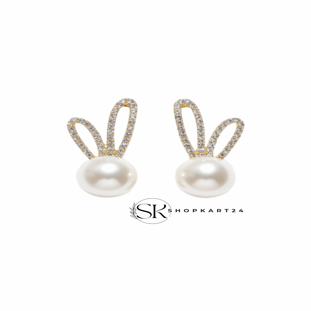 Korean Pearl Bunny Stud Earrings for Women