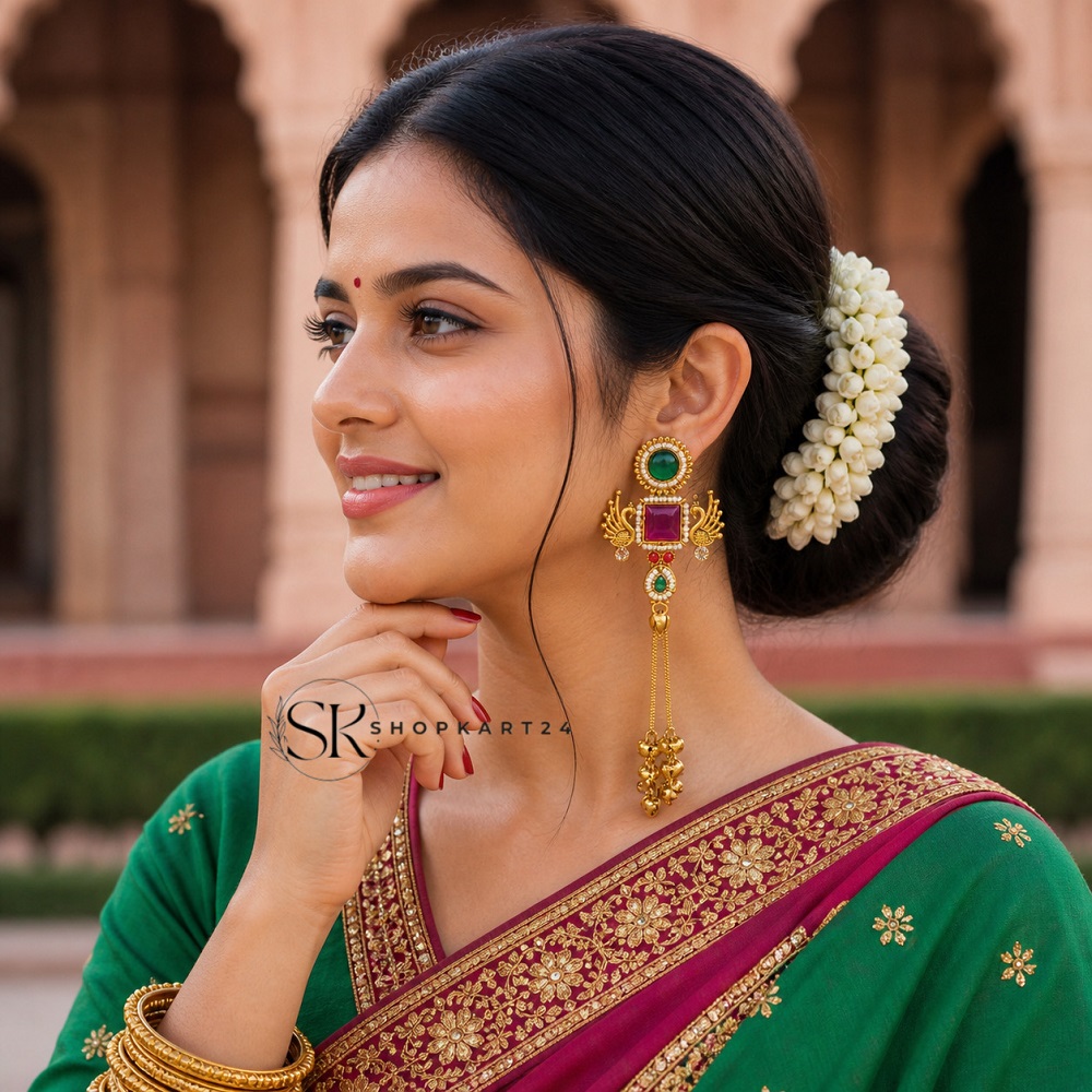Maroon Green Stone Peacock Kashmiri Earring