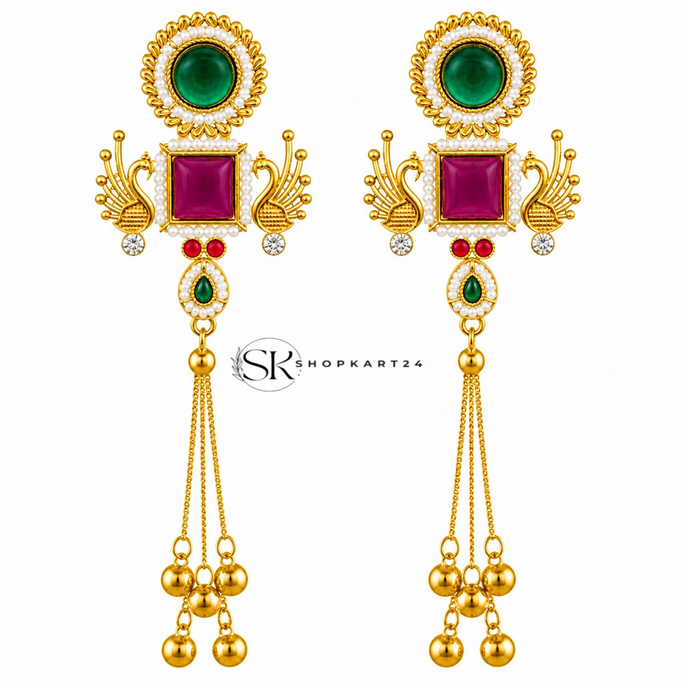Maroon Green Stone Peacock Kashmiri Earring