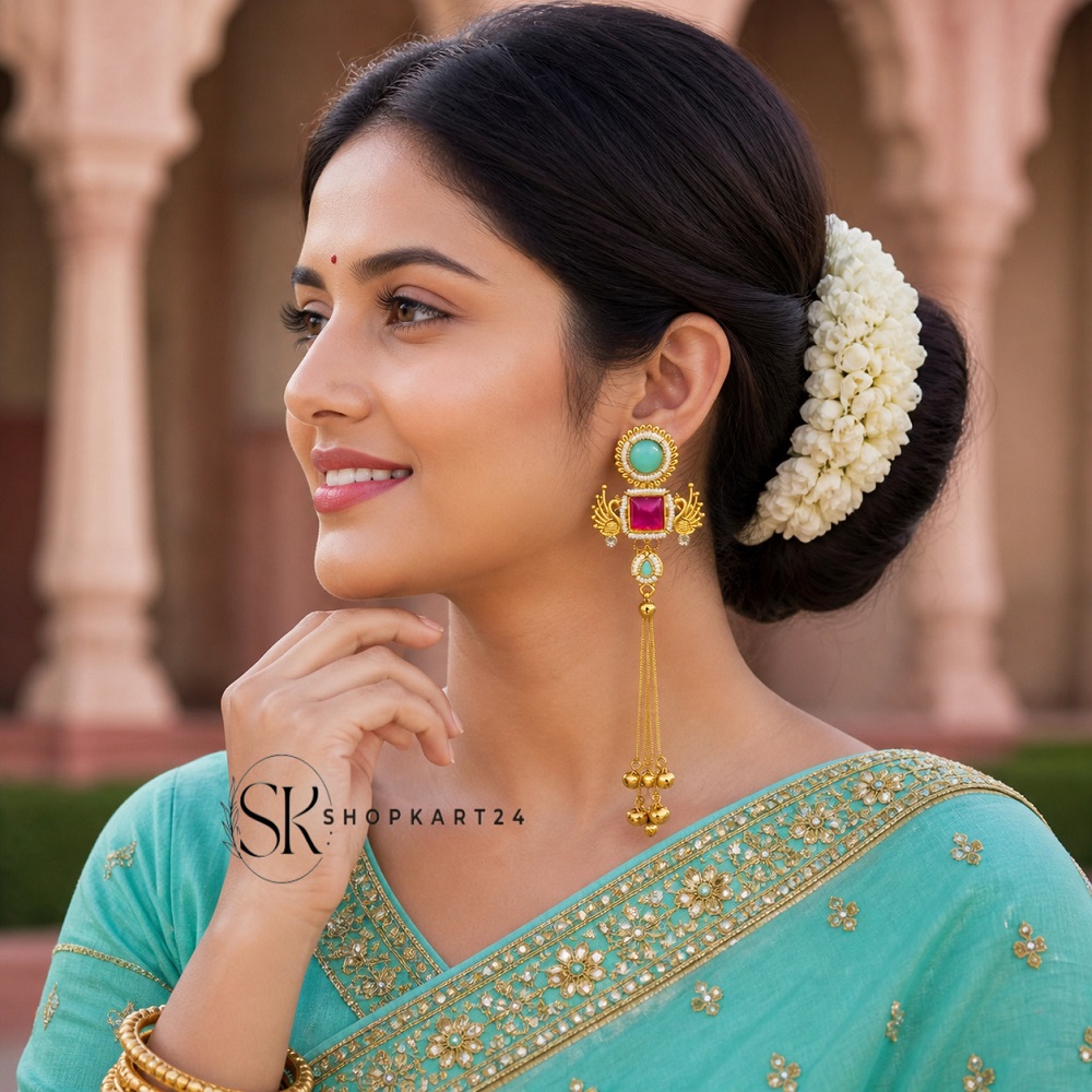 Maroon Stone Peacock Kashmiri Earring