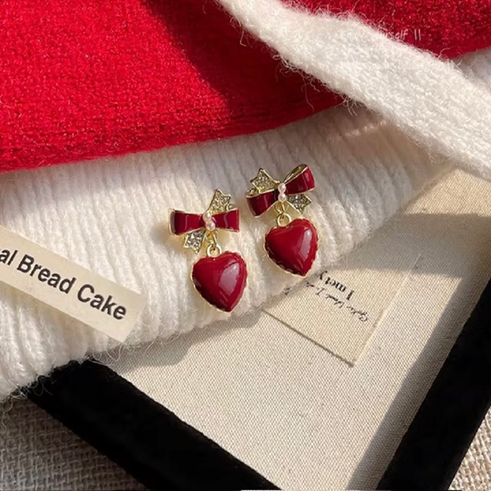 Mehroon Heart Bow Korean Earring