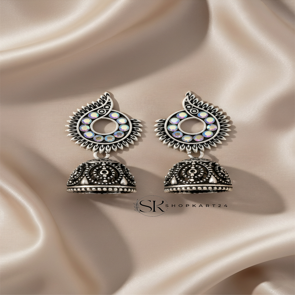 Oval Round Traditional Oxidised Silver Jhumki Earrings for Women