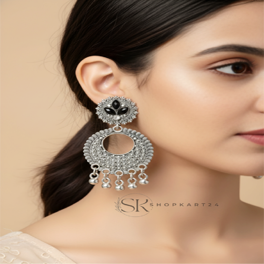 Oxidised Silver Black Stone Circular Drop Earrings