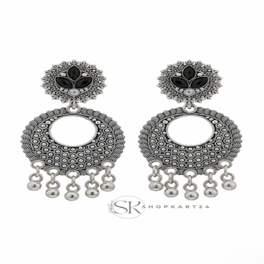 Oxidised Silver Black Stone Circular Drop Earrings