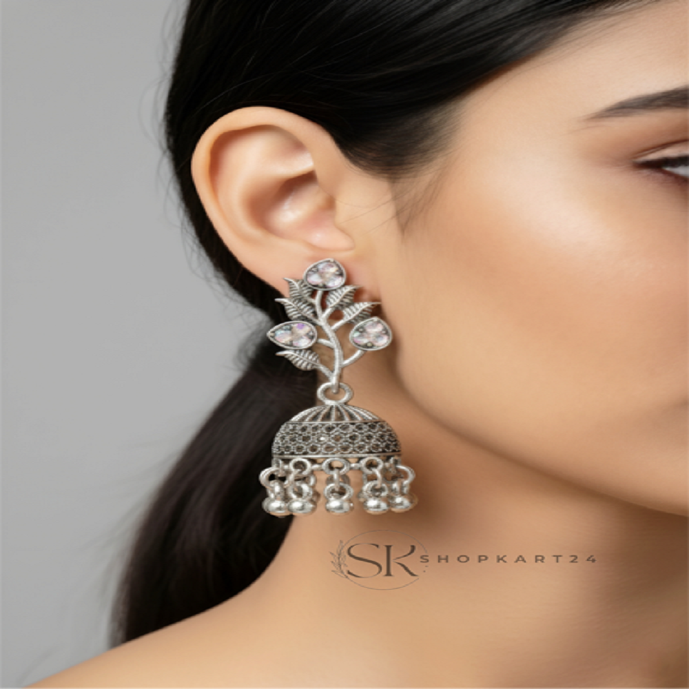 Oxidised Silver Floral Jhumka Earrings