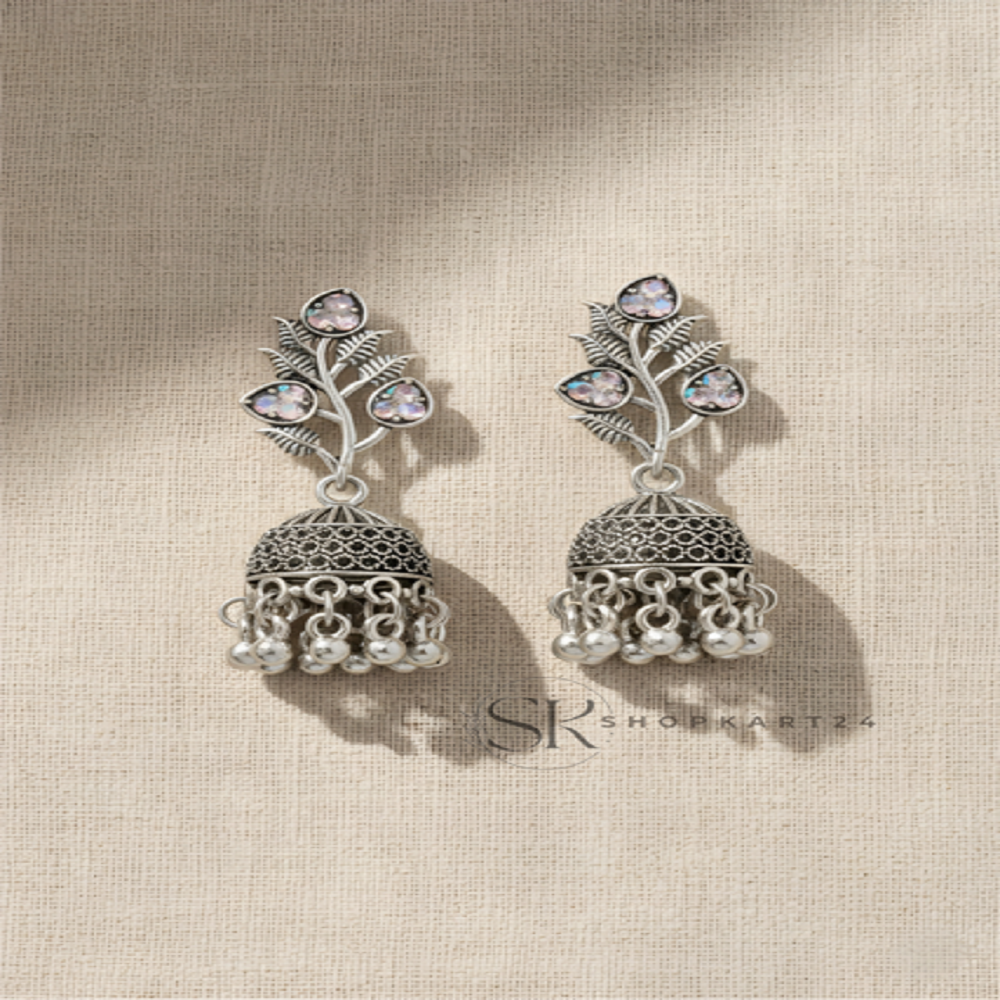 Oxidised Silver Floral Jhumka Earrings