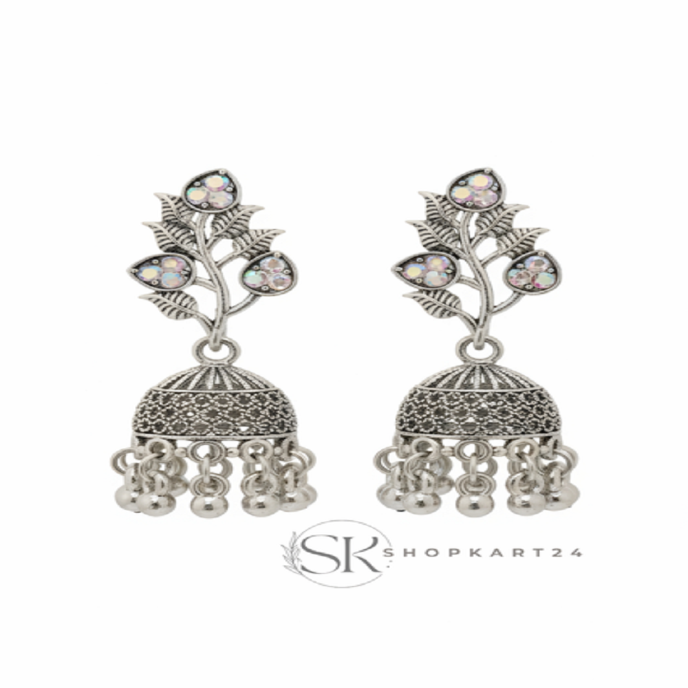 Oxidised Silver Floral Jhumka Earrings
