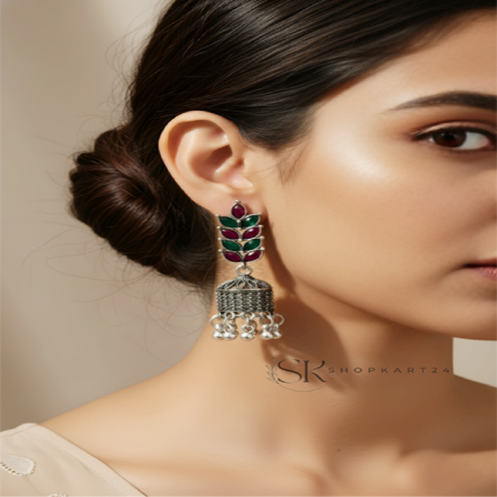 Oxidised Silver Leaf Motif Jhumka Earrings
