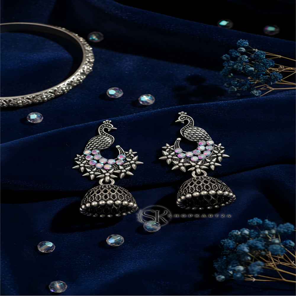 Peacock Design Oxidised Silver Jhumki Earrings for Women