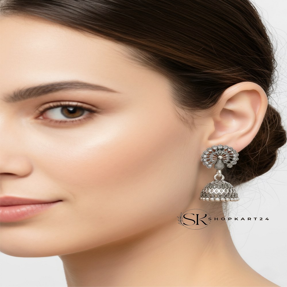 Peacock Motif Oxidised Silver Jhumki Earrings for Women