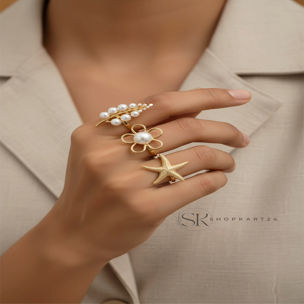 Pearl Flower & Starfish Adjustable Alloy Ring Set for Women