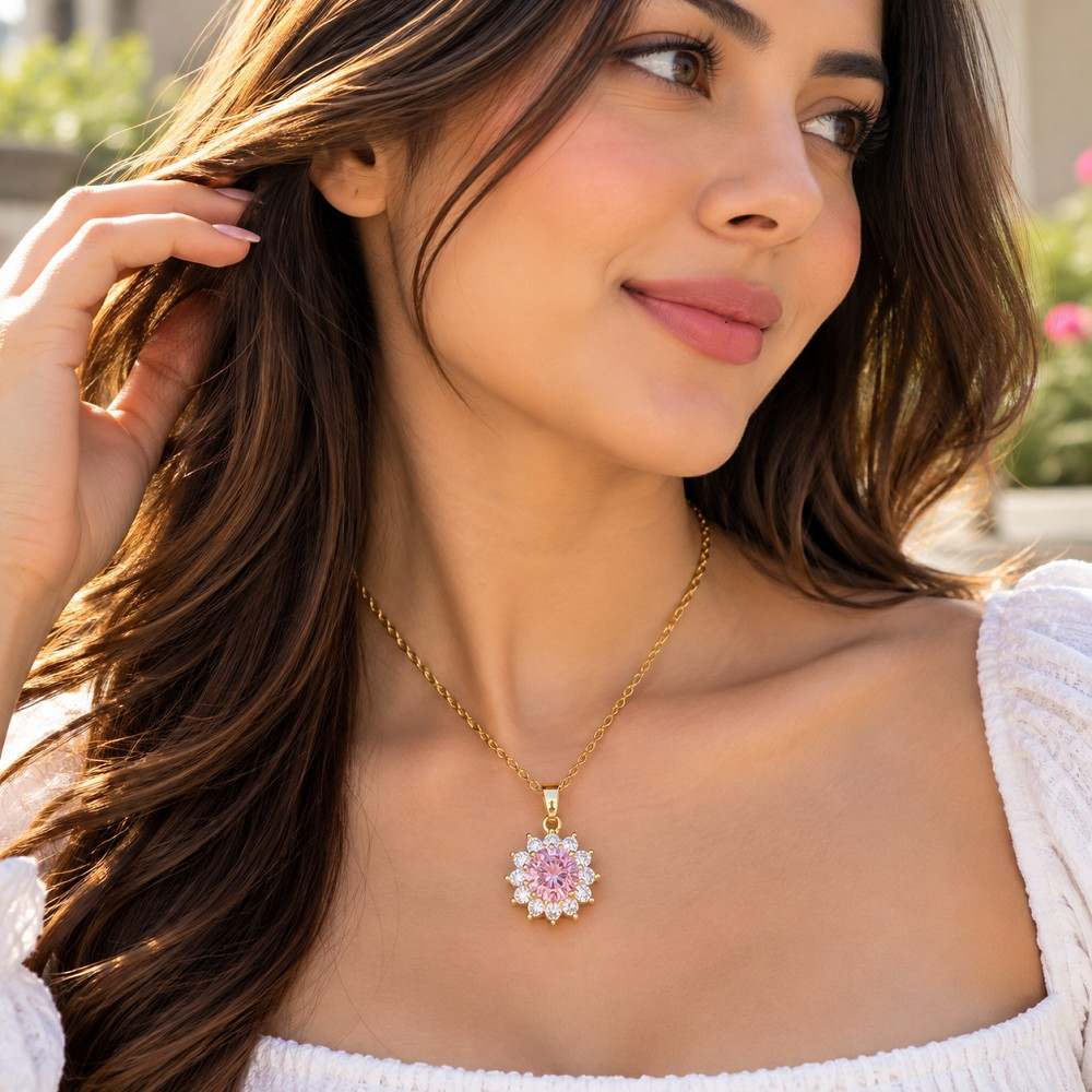 Pink Crystal Floral Korean Stainless Steel Pendant Necklace