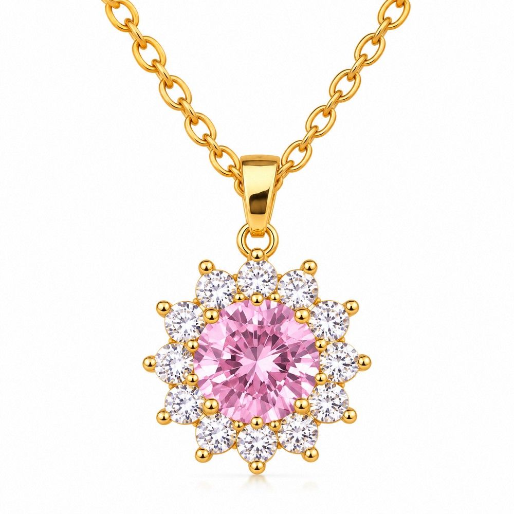 Pink Crystal Floral Korean Stainless Steel Pendant Necklace