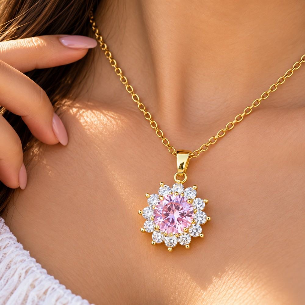 Pink Crystal Floral Korean Stainless Steel Pendant Necklace