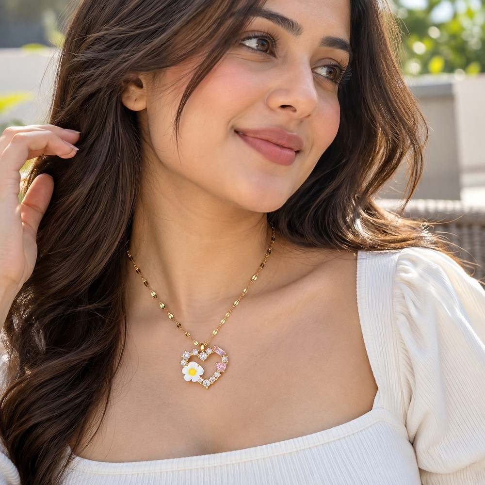 Pink Floral Heart Korean Stainless Steel Pendant Necklace