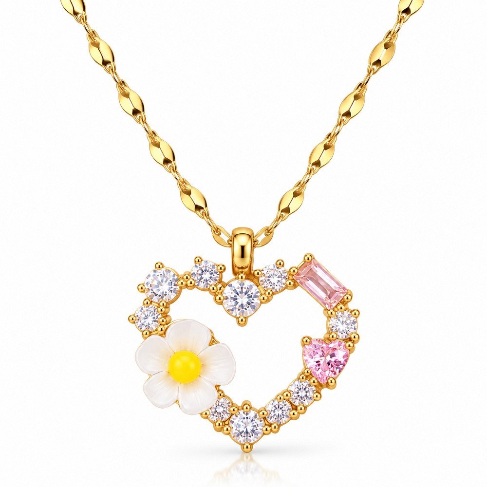 Pink Floral Heart Korean Stainless Steel Pendant Necklace