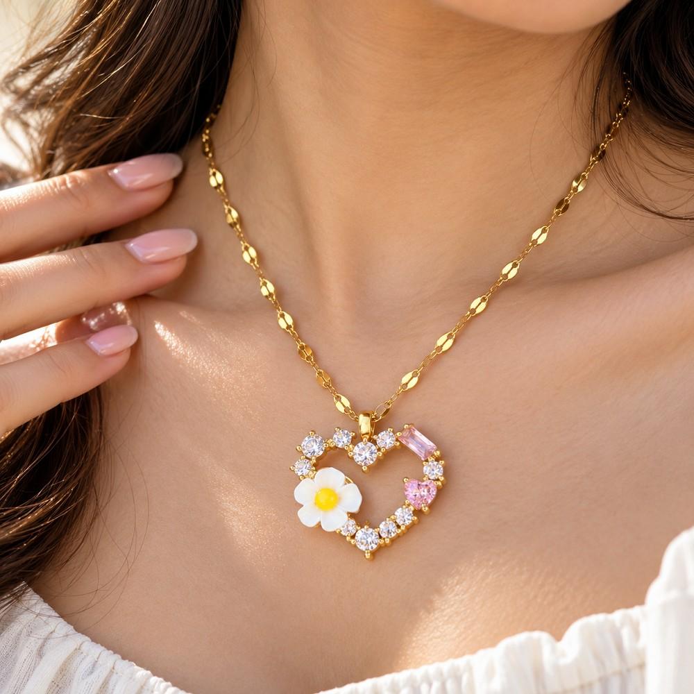Pink Floral Heart Korean Stainless Steel Pendant Necklace
