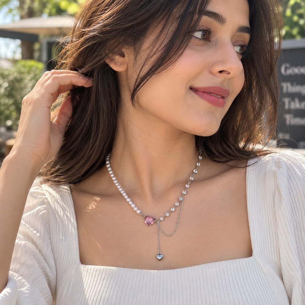 Pink Heart Pearl Korean Necklace