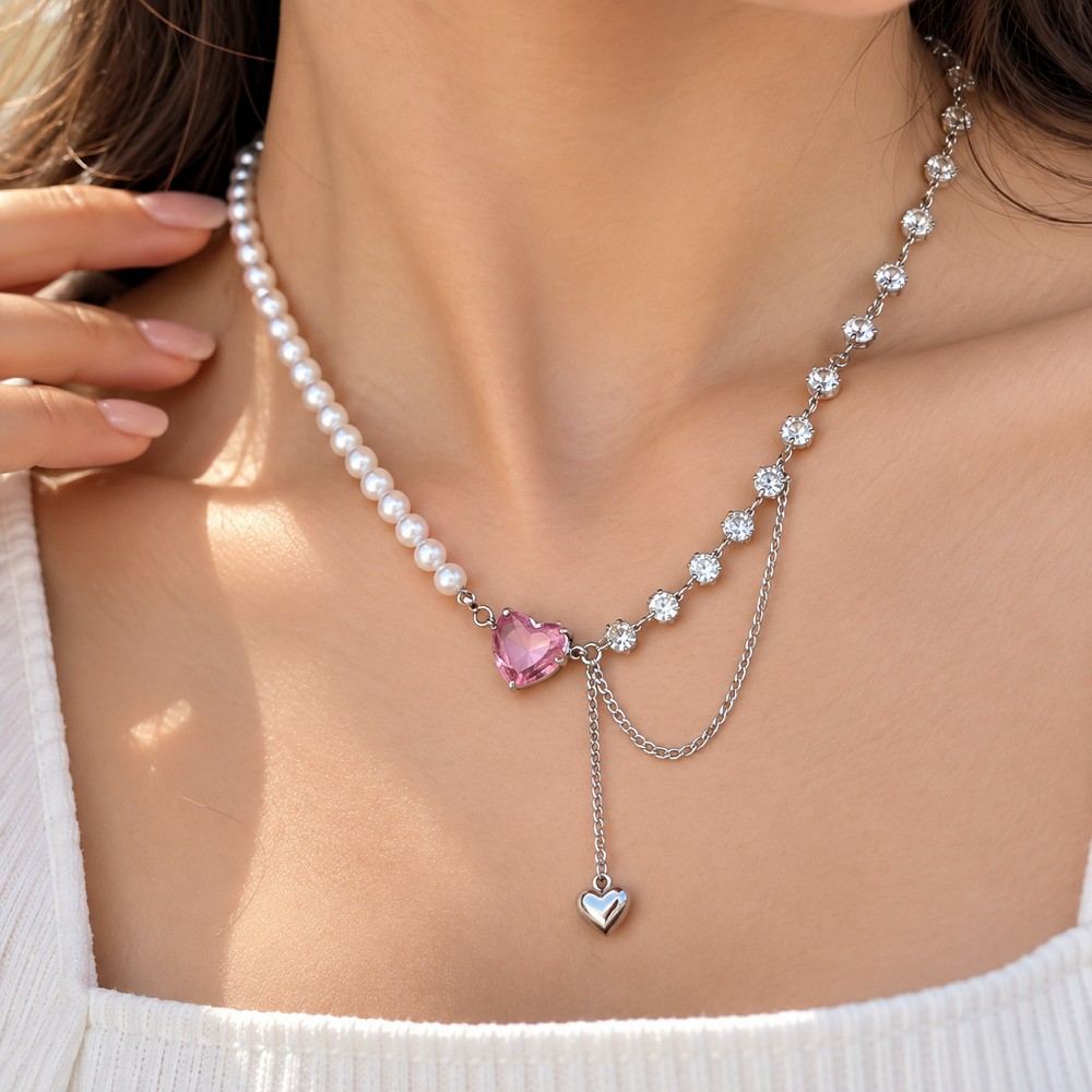 Pink Heart Pearl Korean Necklace