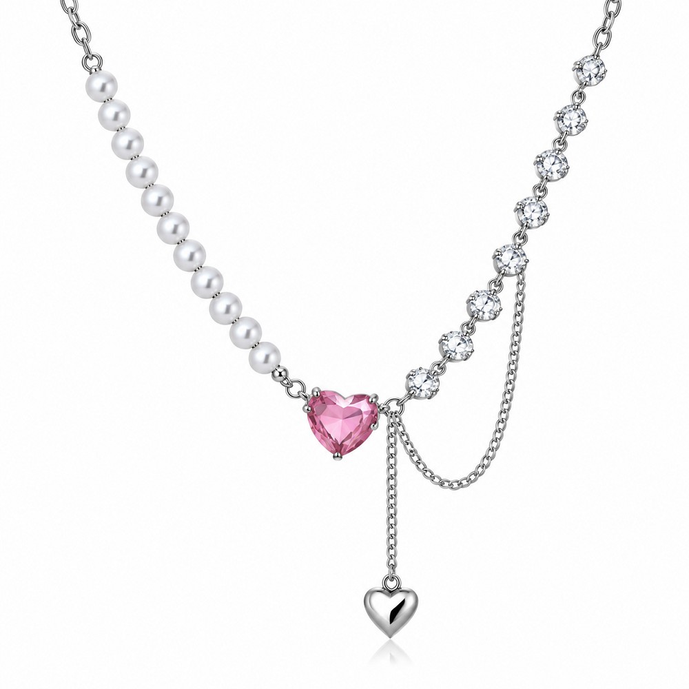 Pink Heart Pearl Korean Necklace