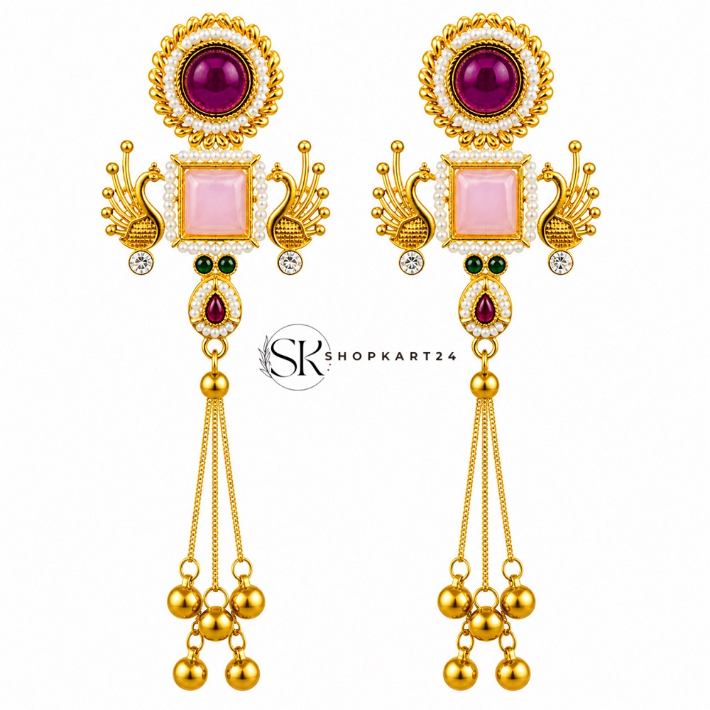 Pink Stone Peacock Kashmiri Earring