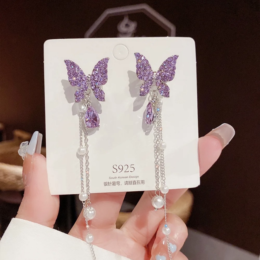 Purple Butterfly Pearl Drop Earring