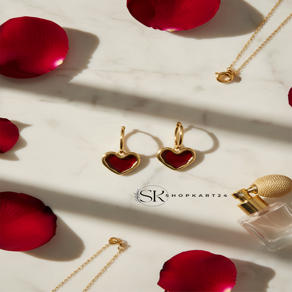 Red Heart Gold Hoop Drop Earrings for Women