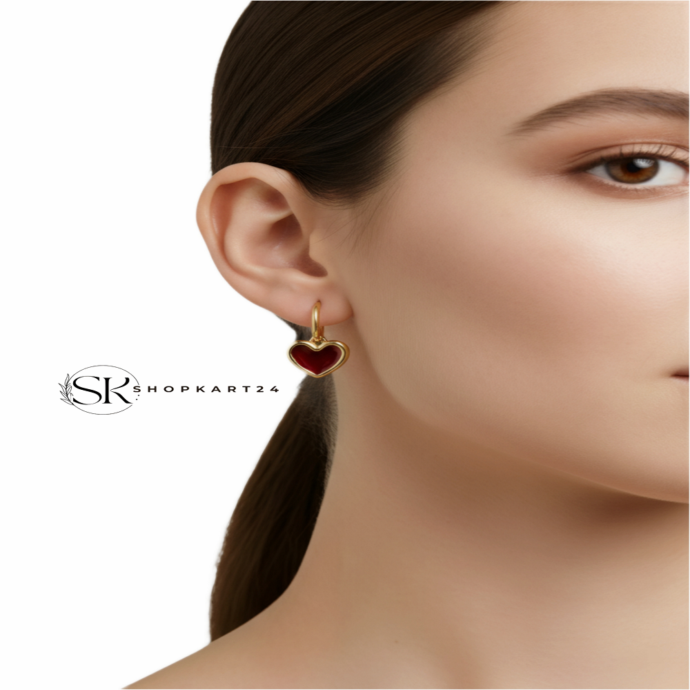 Red Heart Gold Hoop Drop Earrings for Women
