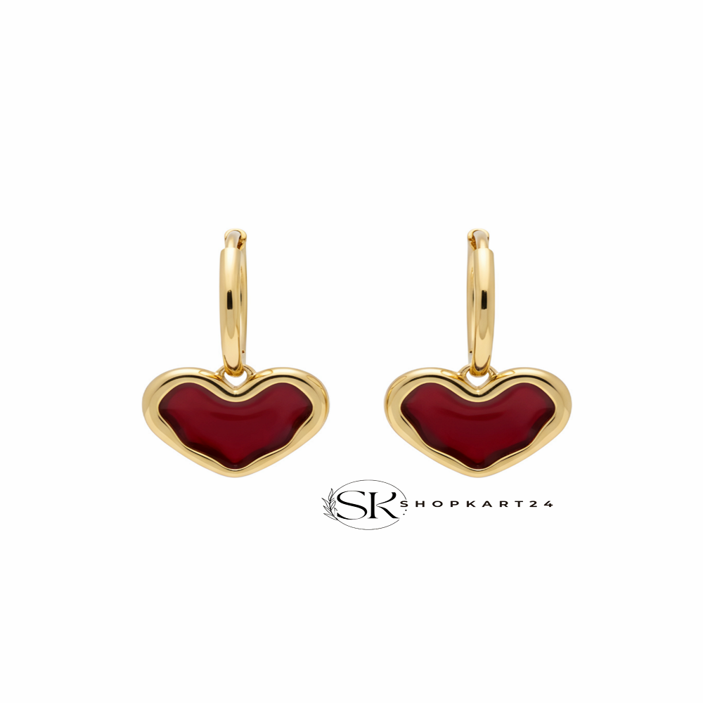Red Heart Gold Hoop Drop Earrings for Women