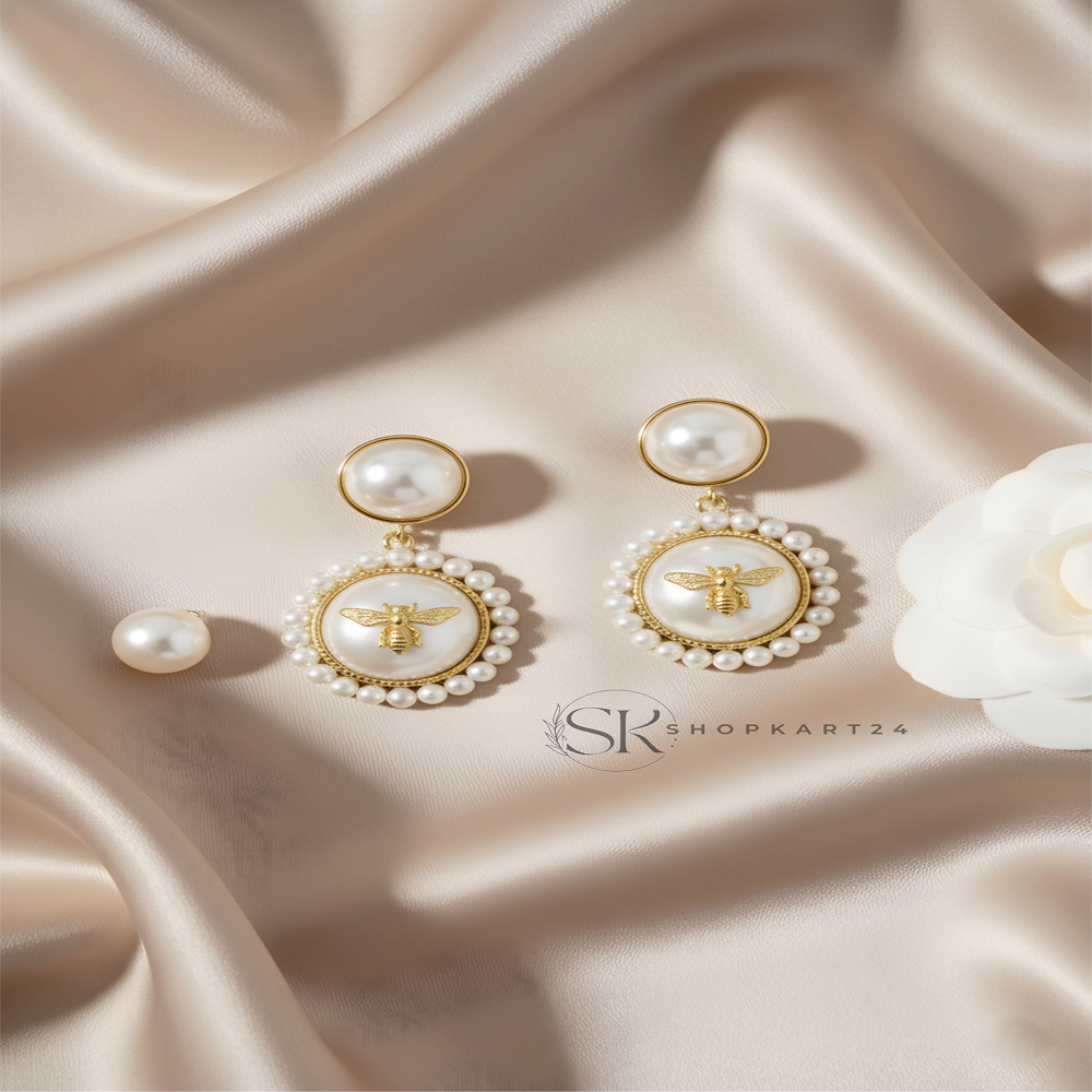 Round White Bee Korean Earring