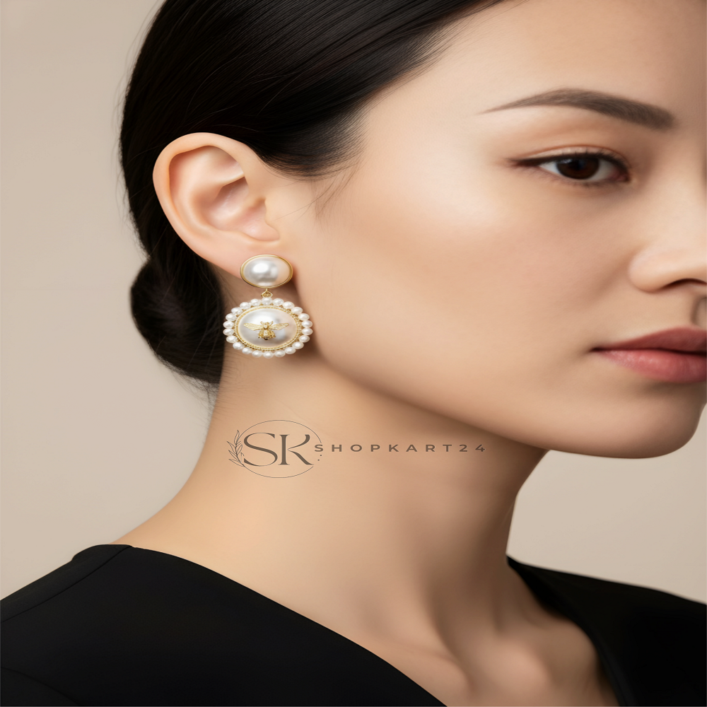 Round White Bee Korean Earring