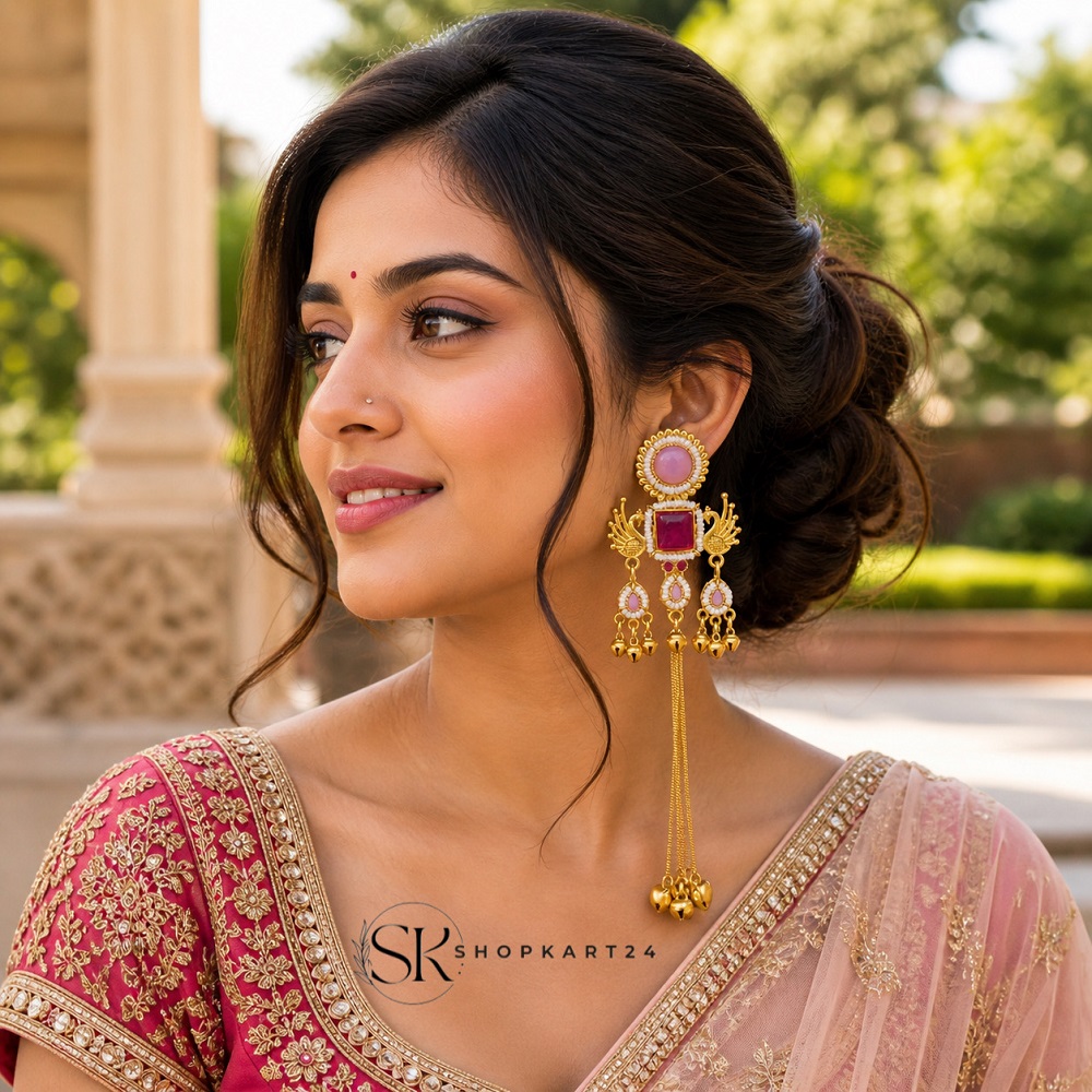 Royal Peacock Light Pink Kashmiri Earring