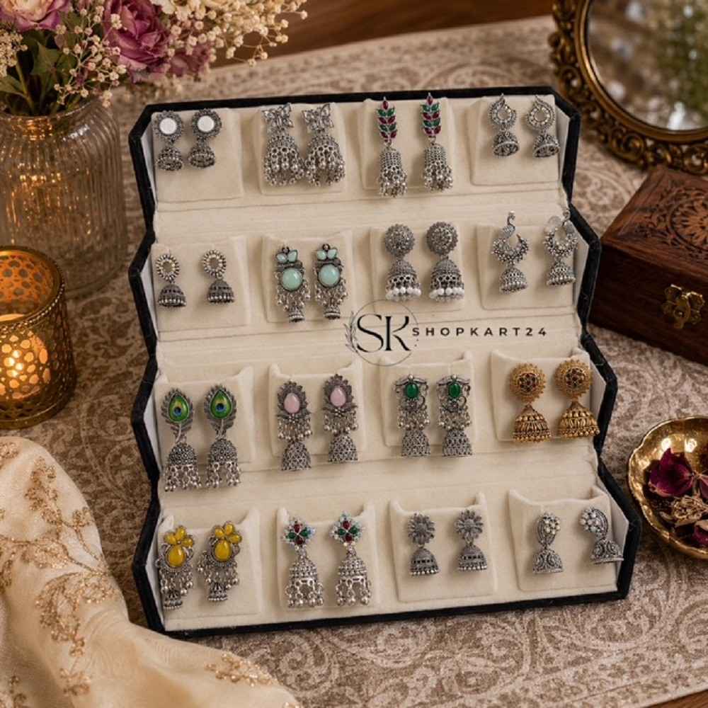 Set of 16 oxidised earring with folding jewellery organiser
