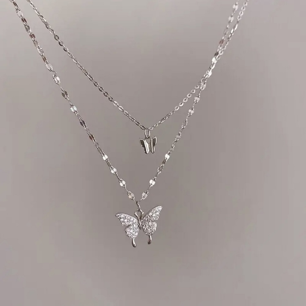 Silver Butterfly Double Layer Chain Pendant