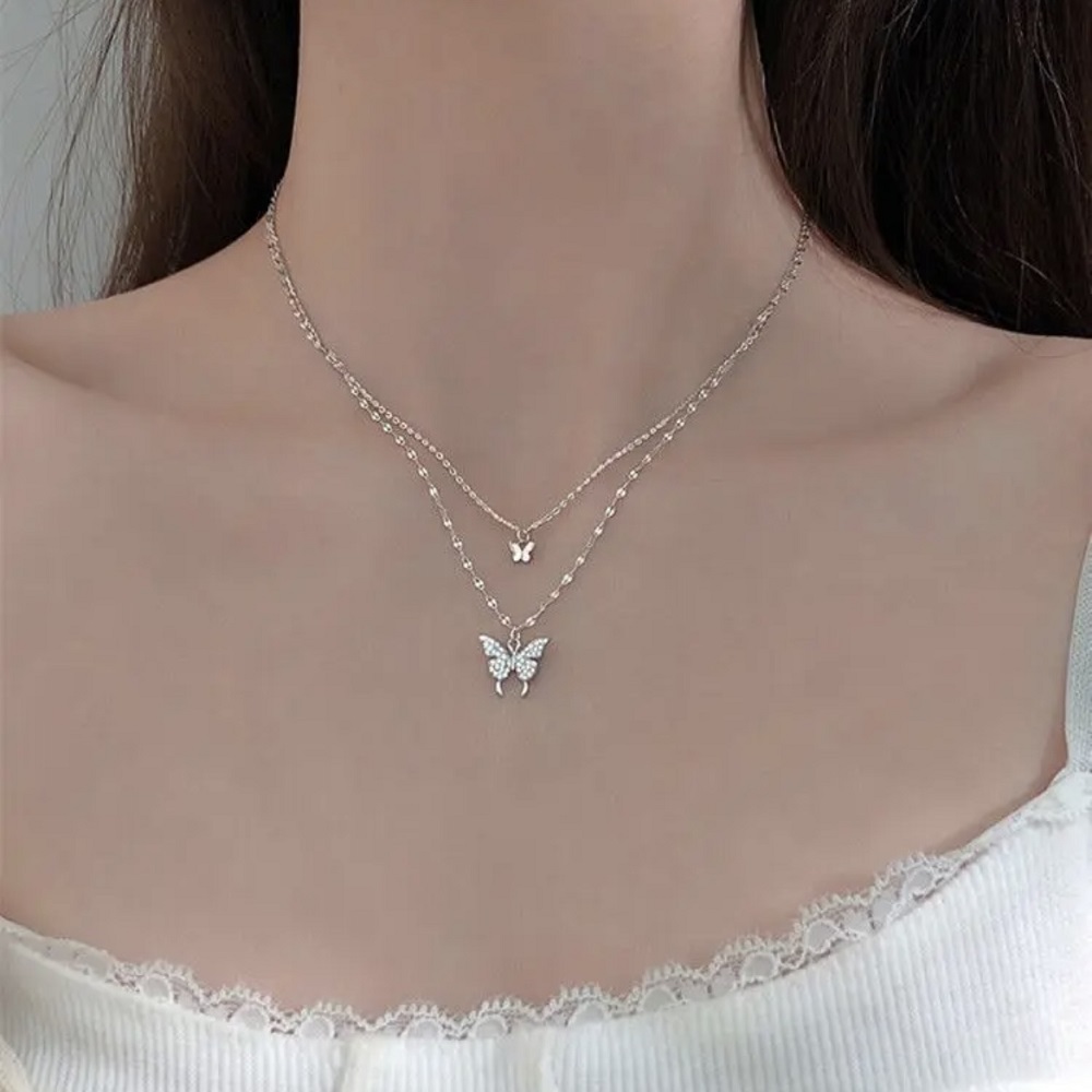 Silver Butterfly Double Layer Chain Pendant