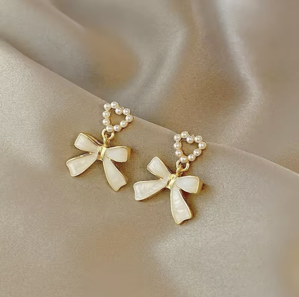 Sweet Pearl Heart & Enamel Bow Drop Earrings