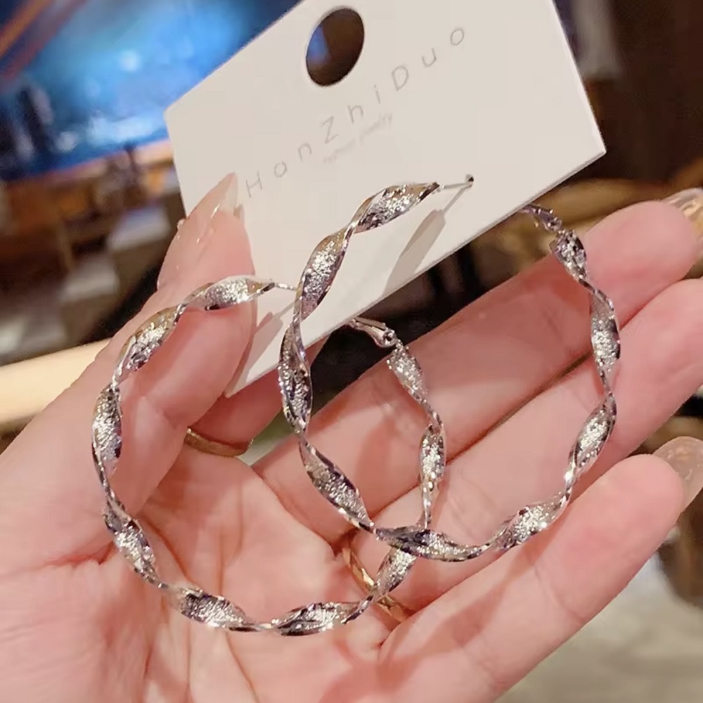 Twisted Leaf-Pattern Silver Hoop Earrings