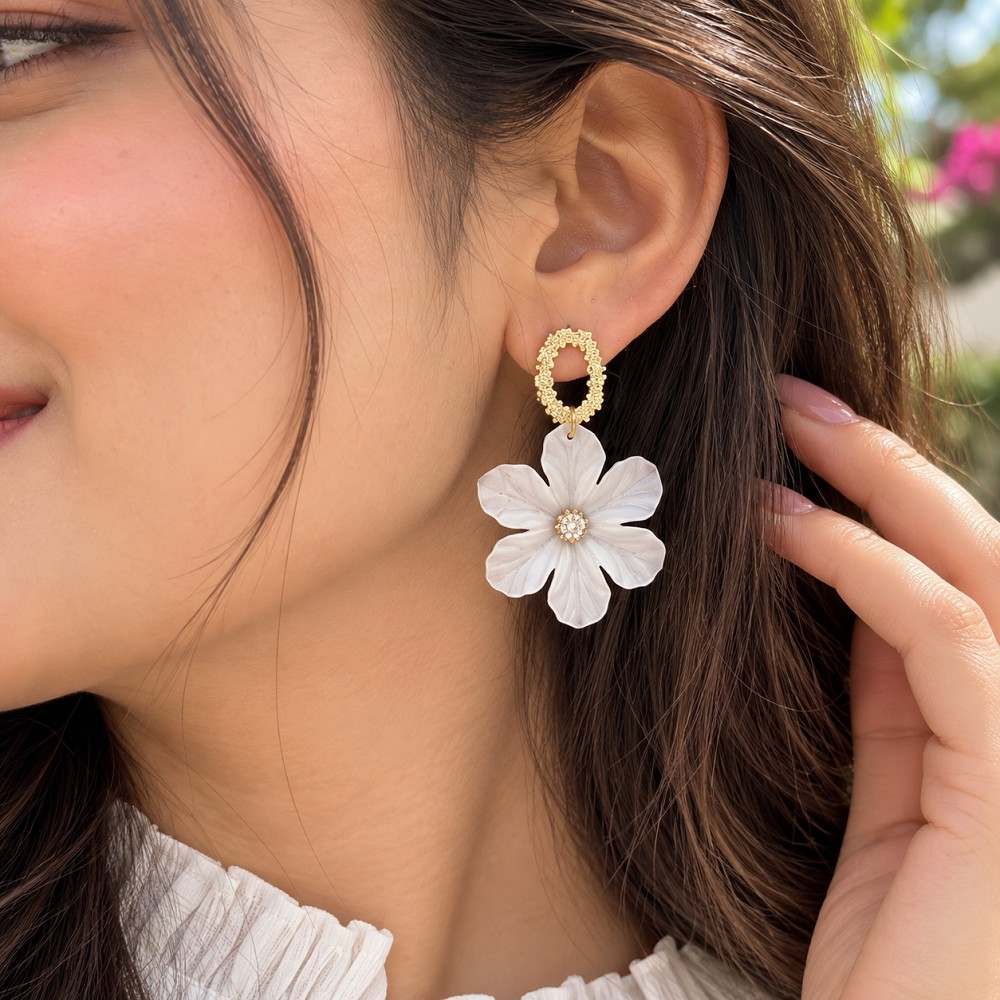 White Floral Korean Earrings