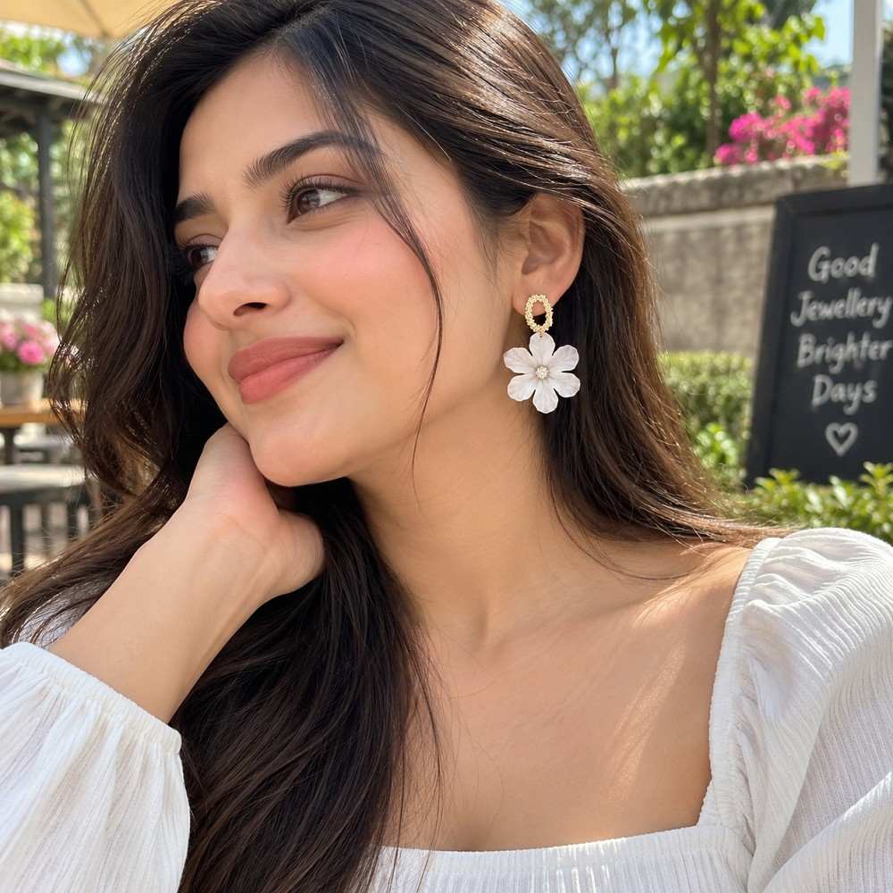White Floral Korean Earrings