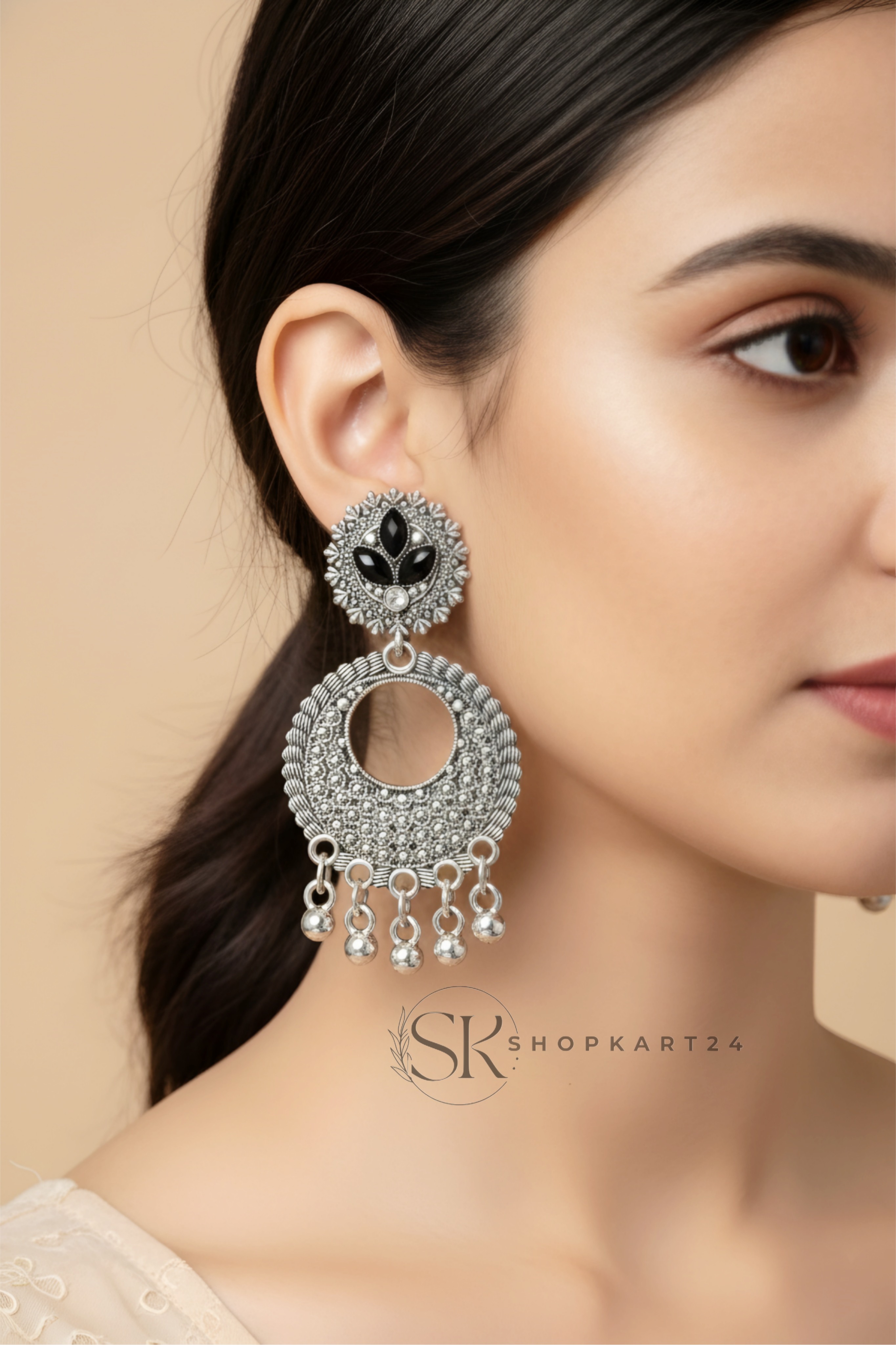 Oxidised Silver Black Stone Circular Drop Earrings