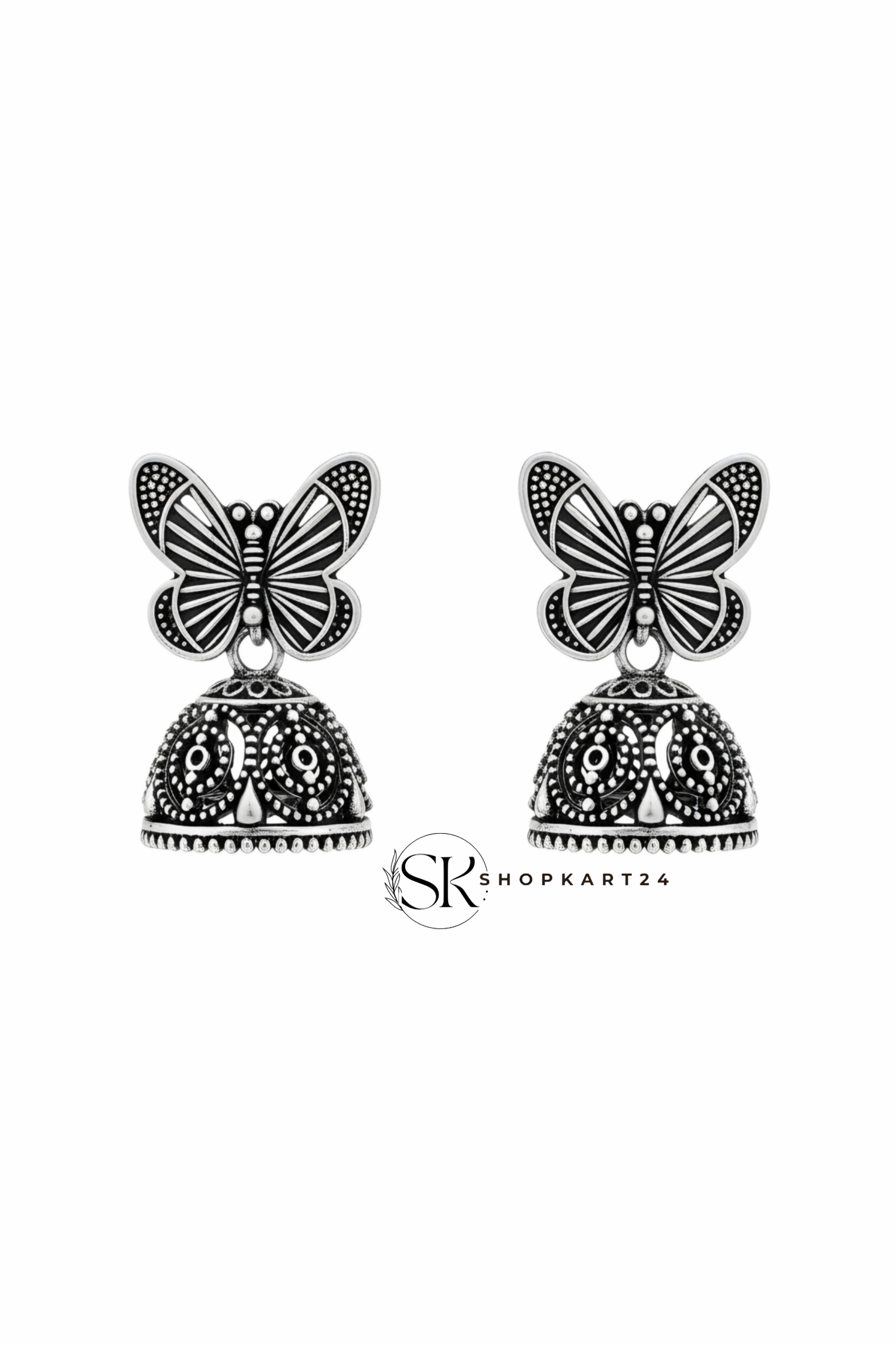 Butterfly Design Oxidised Silver Jhumki Earrings for Women