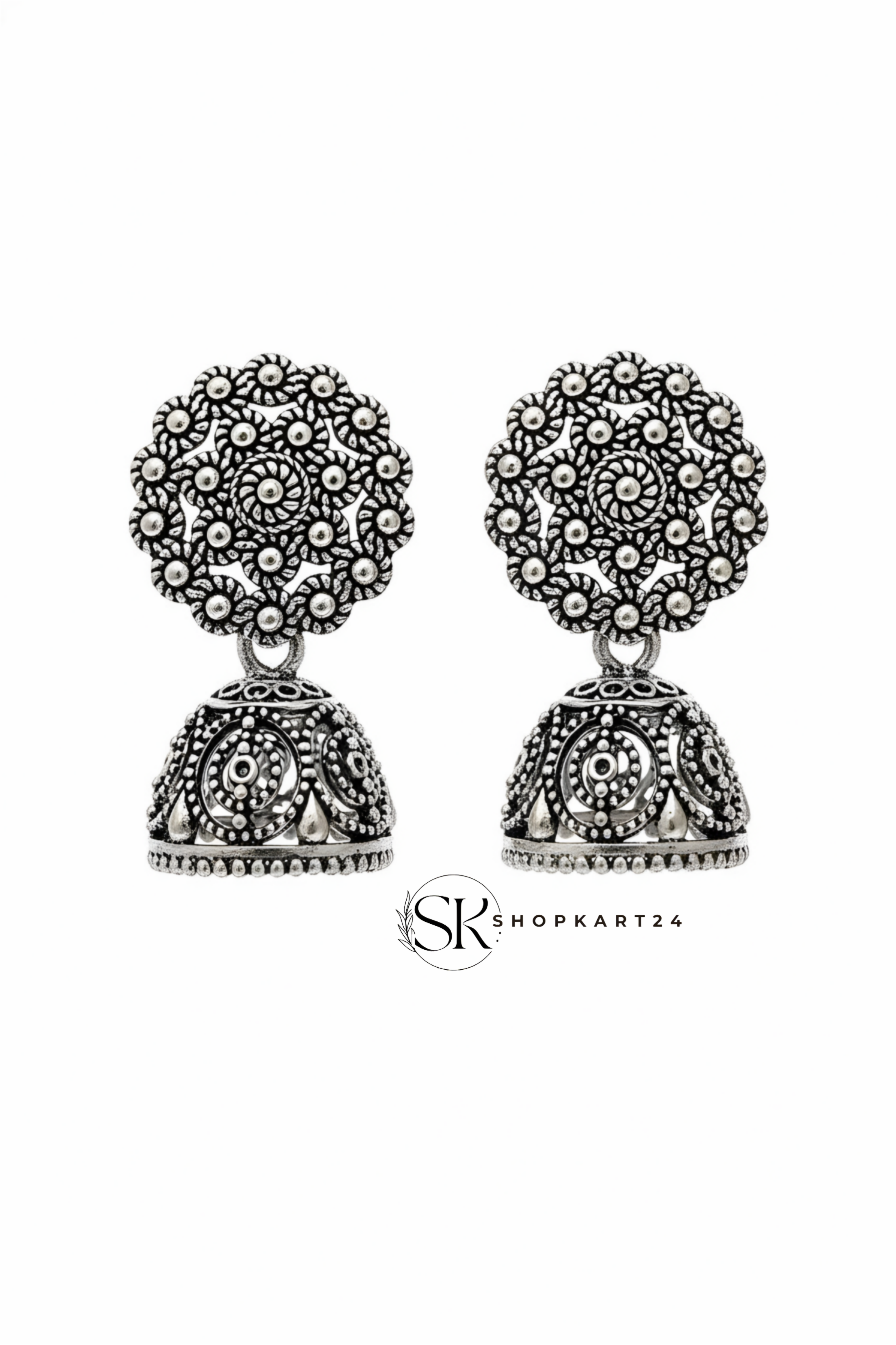 Floral Design Oxidised Silver Jhumki Earrings for Women
