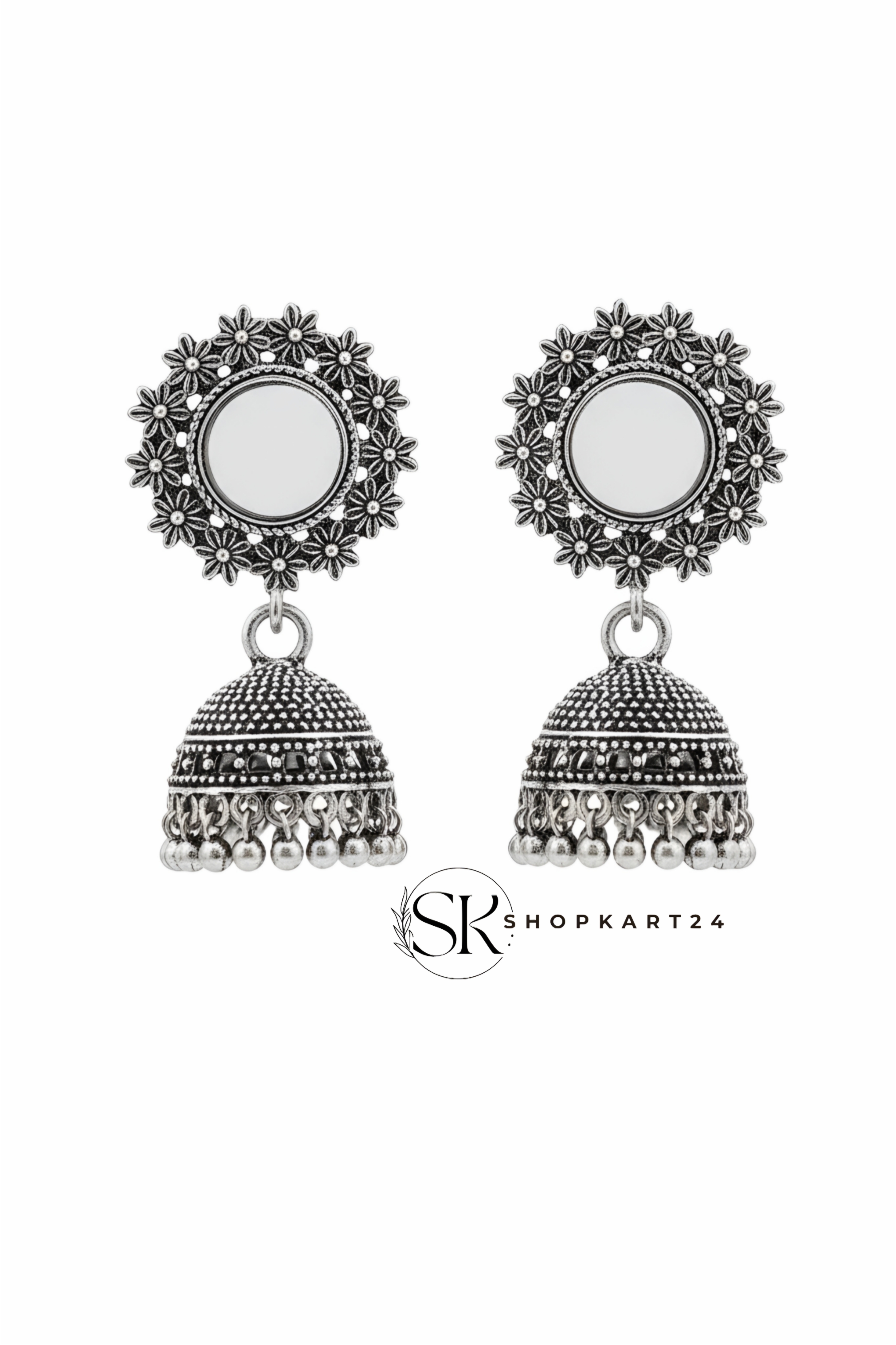 Mirror Work Oxidised Silver Jhumki Earrings for Women