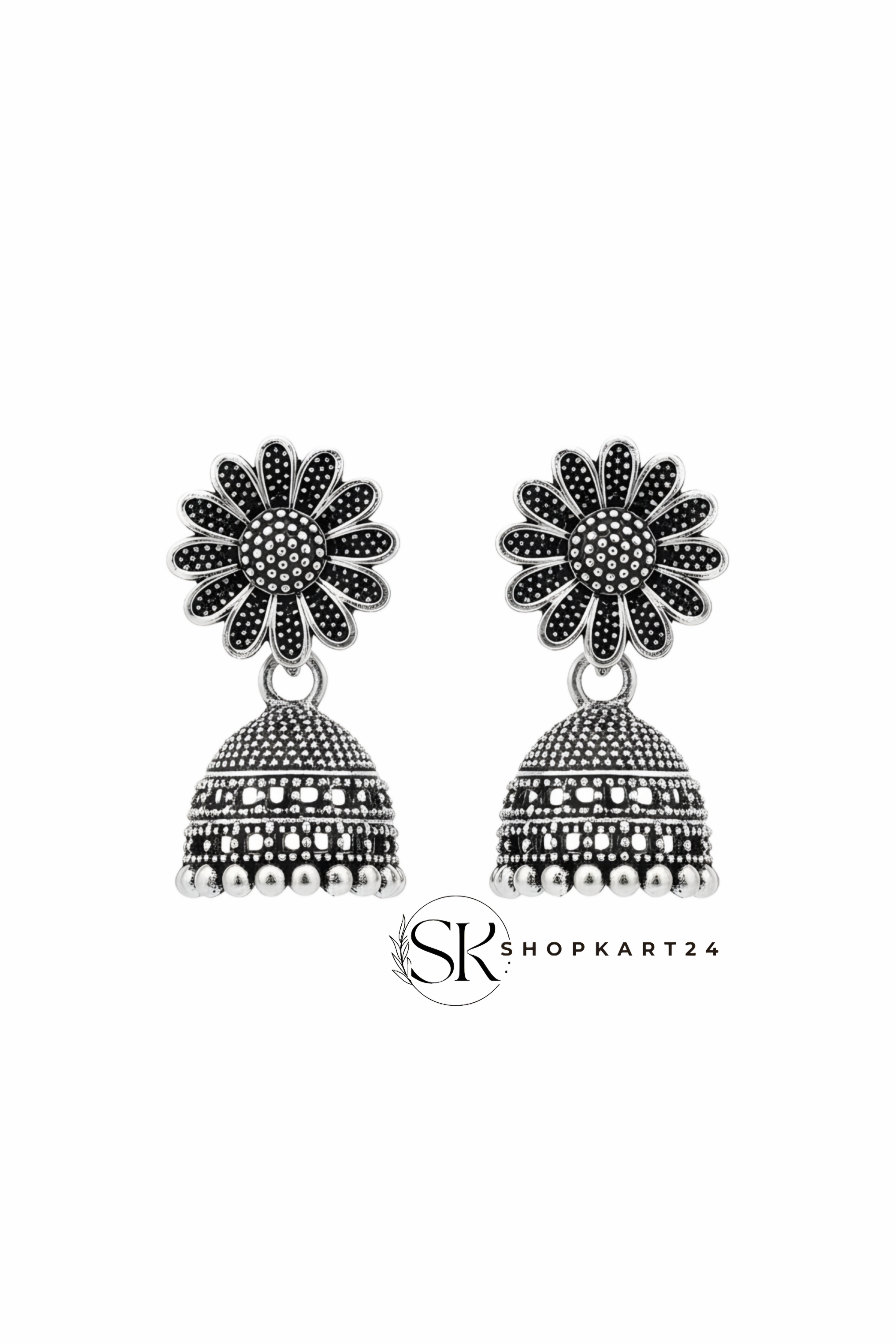 Floral Design Oxidised Silver Jhumki Earrings for Women