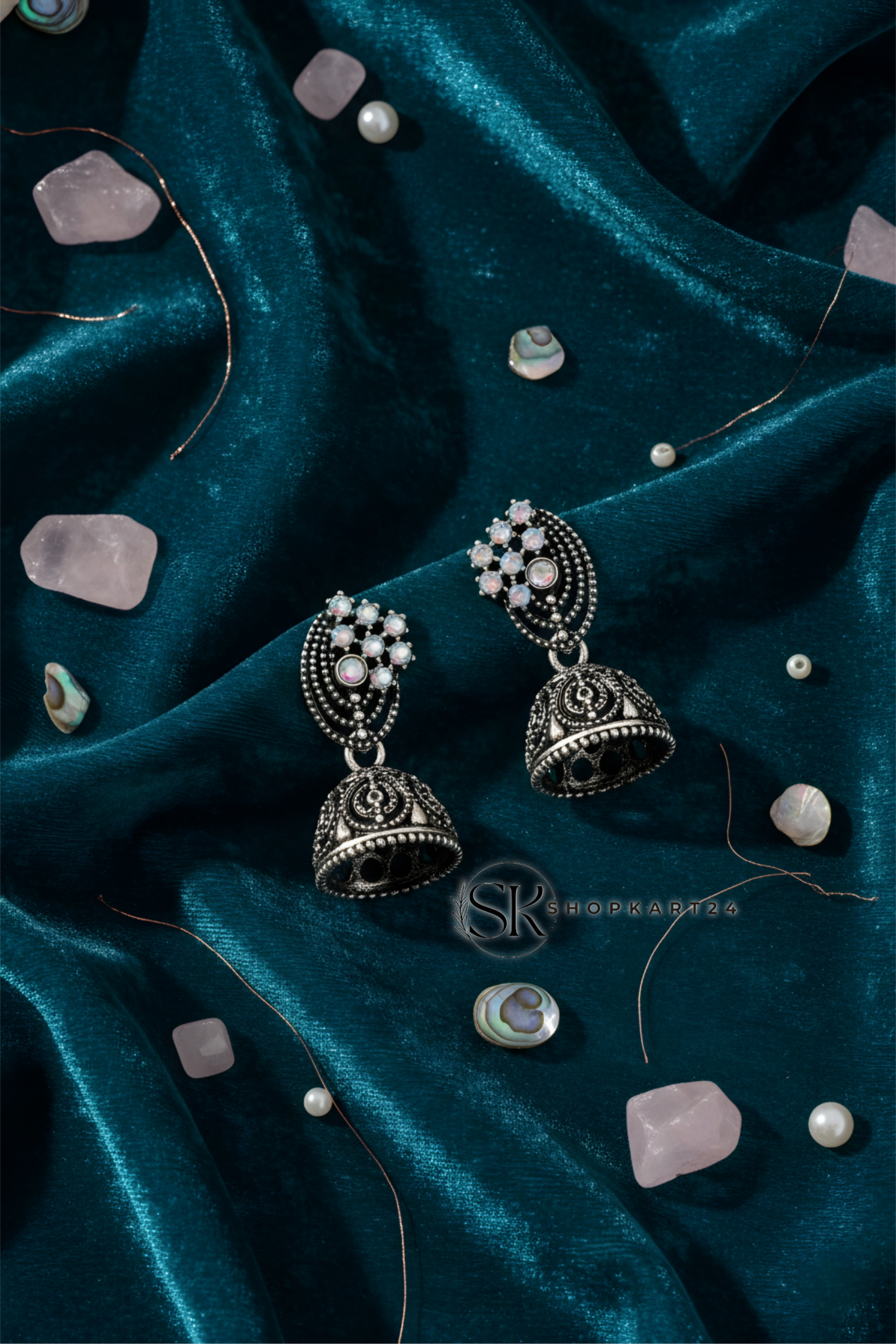 Antique Crystal Touch Oxidised Jhumki