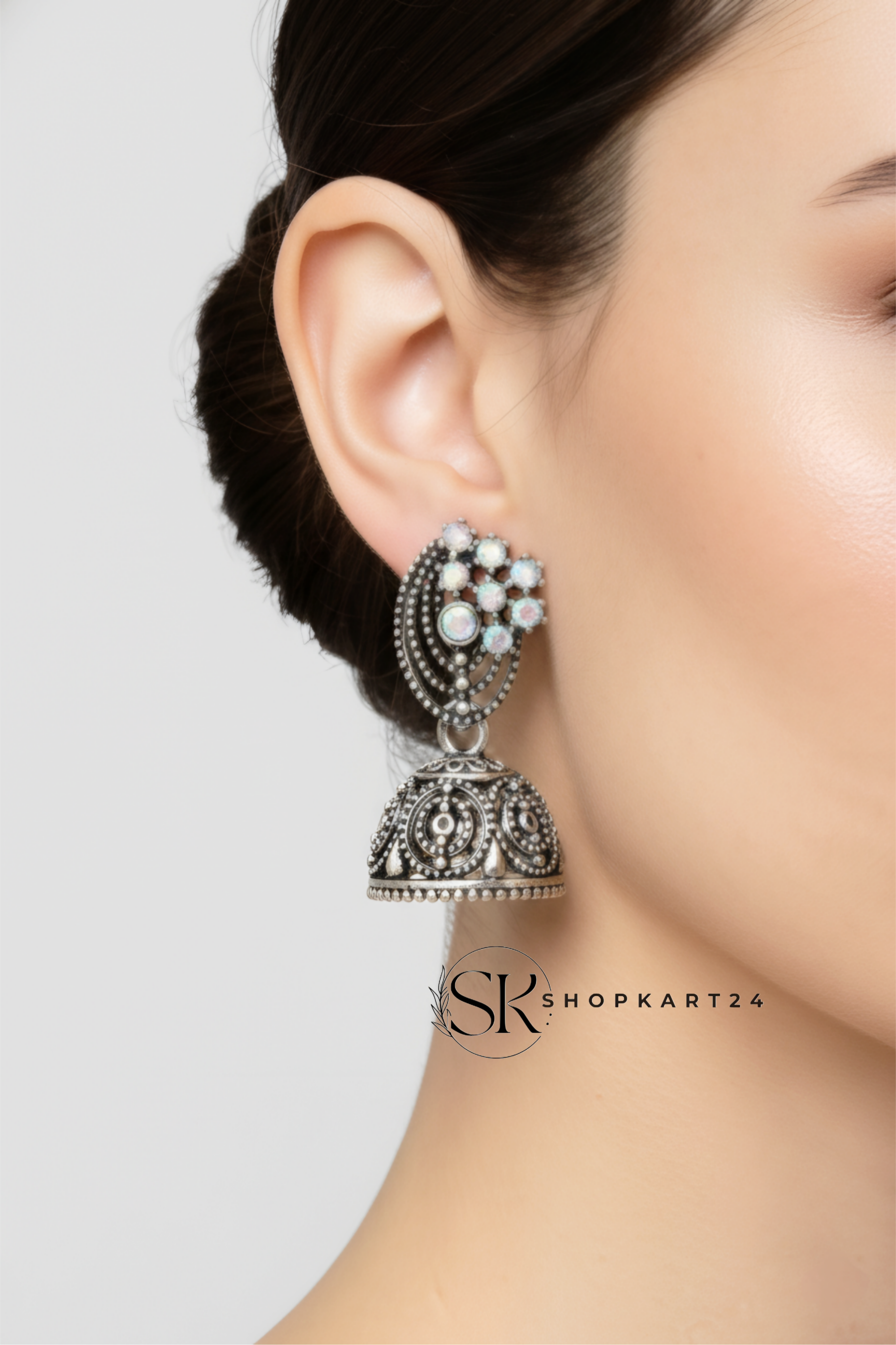 Antique Crystal Touch Oxidised Jhumki