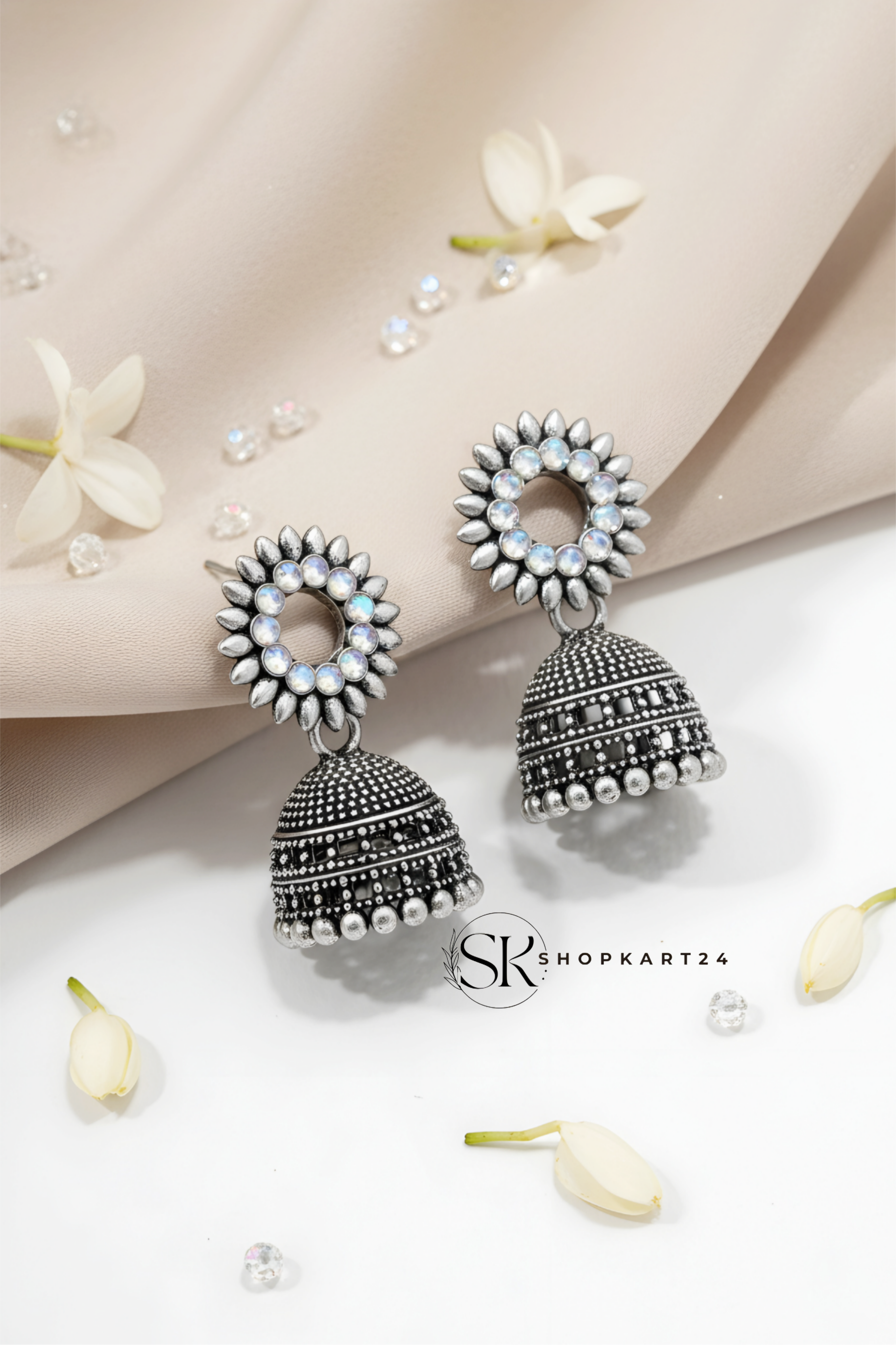 Crystal Stone Oxidised Silver Jhumki Earrings for Women